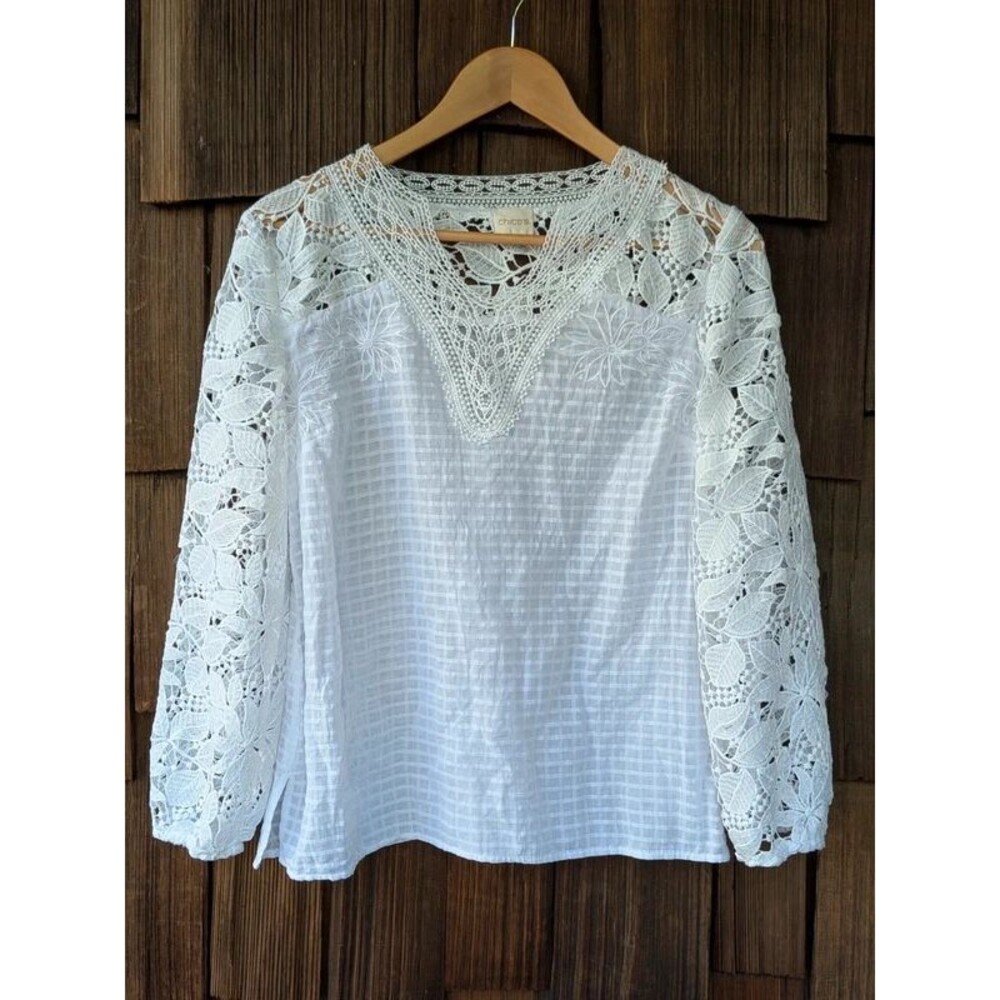Chico's White Lace Yoke Gauze Blouse Sheer Embroidery Boho Prairie Cottagecore